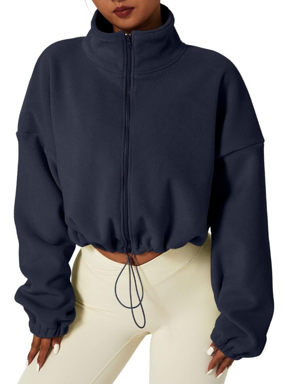 Women's Navy Fleece Full ZIP Stand Collar Baggy Cropped Short Sherpa Jacket